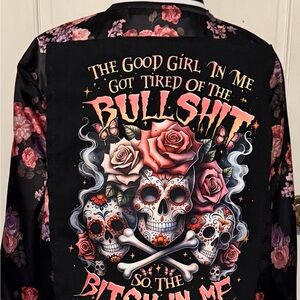 Arizona Jean Company Black Bomber Jacket with Pink Floral & Skull Graphic